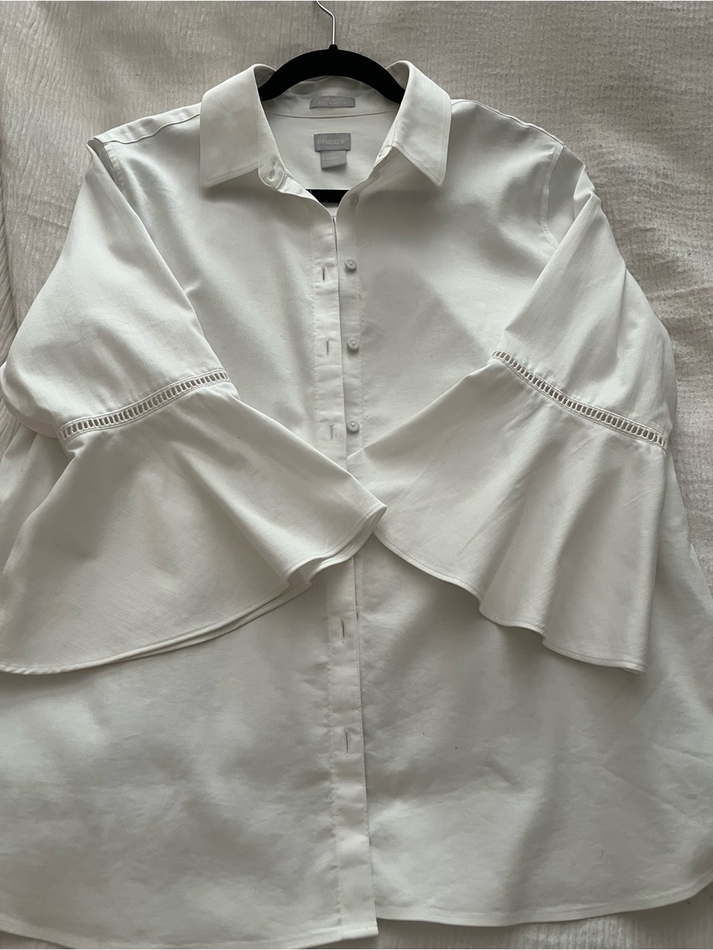 Chico's White Ruffle Sleeve Button-Down Shirt